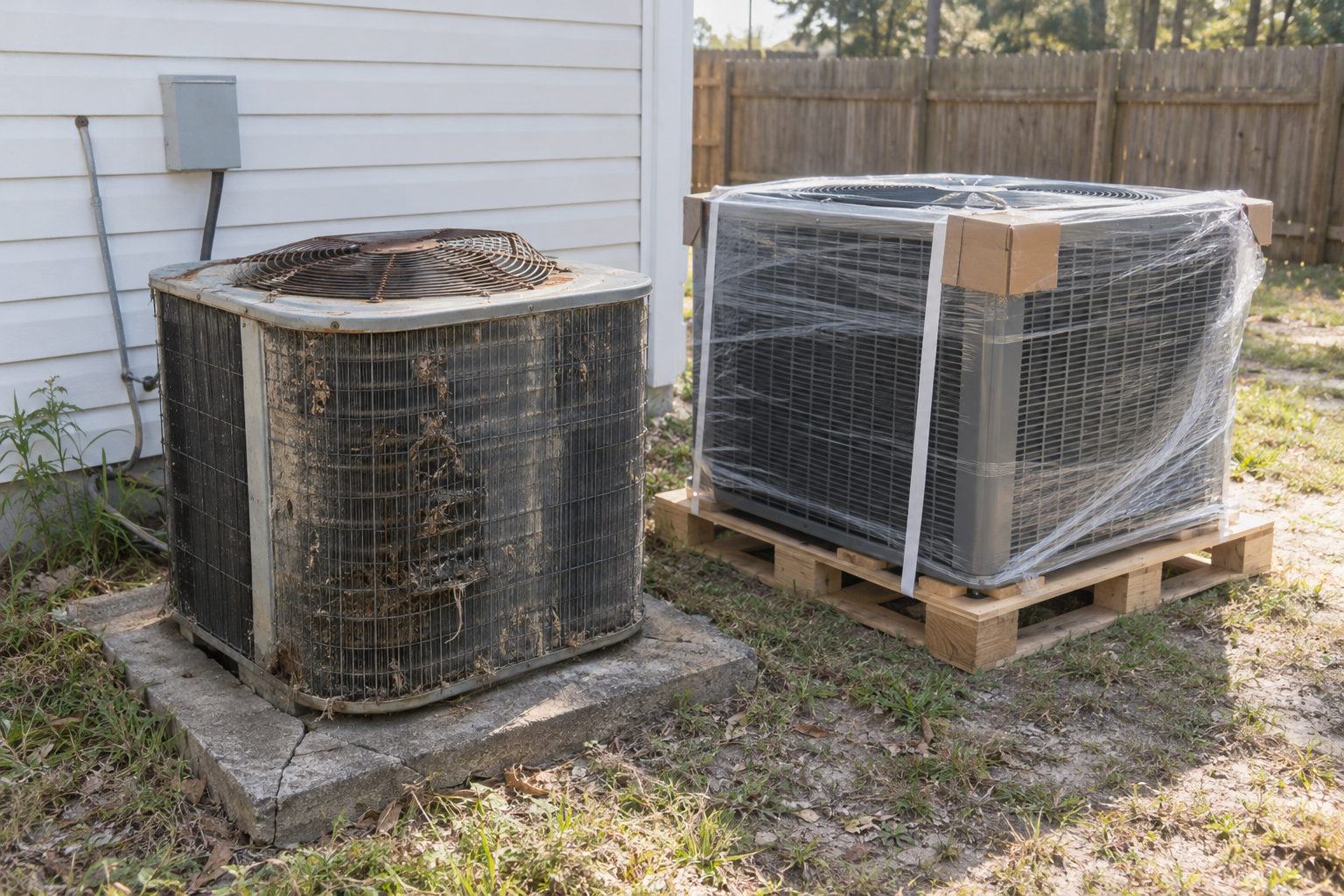 Old corroded condenser standing beside a new condenser still on its pallet