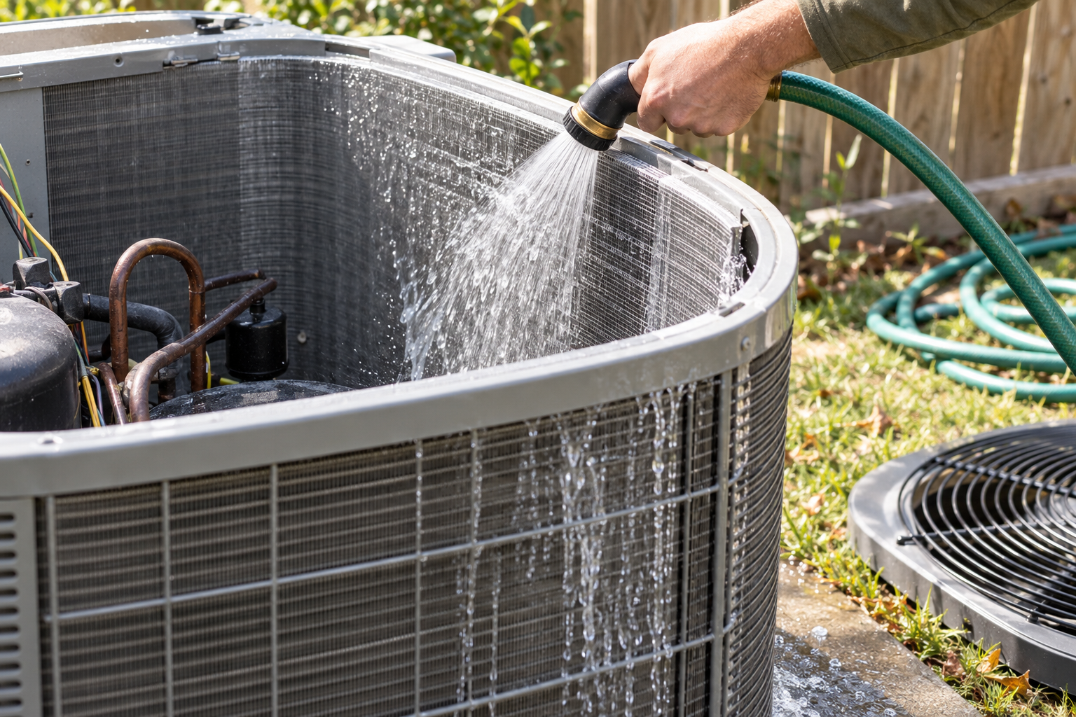 Condenser coil fins being rinsed with a garden hose, water sheeting off