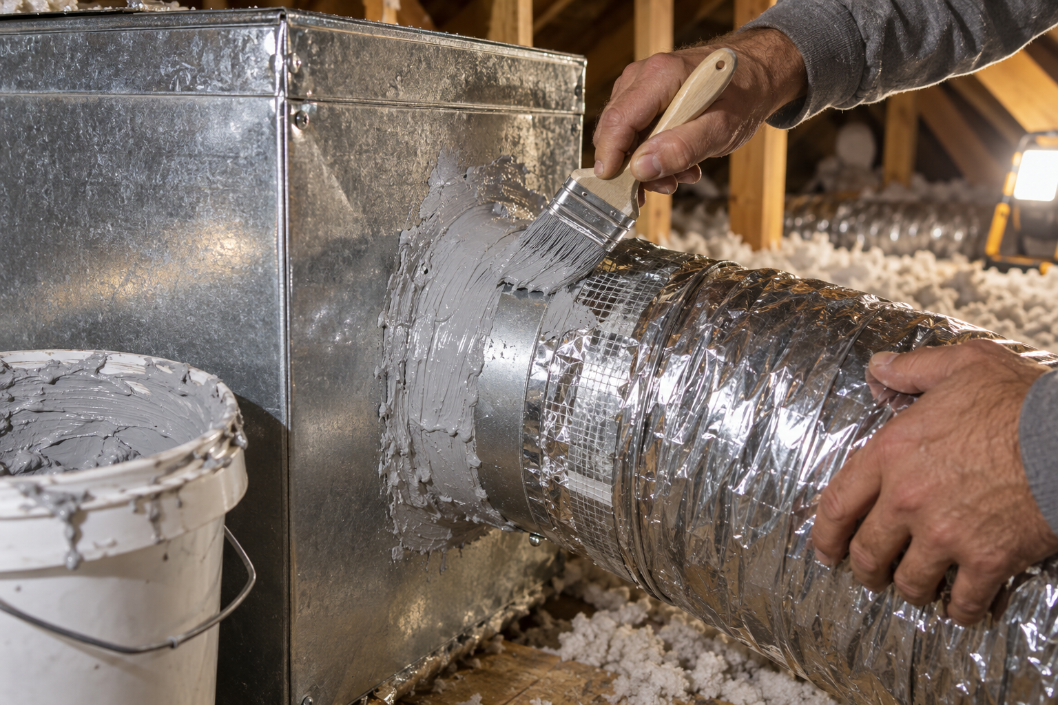 Hands brushing mastic onto a flex duct collar at an attic plenum