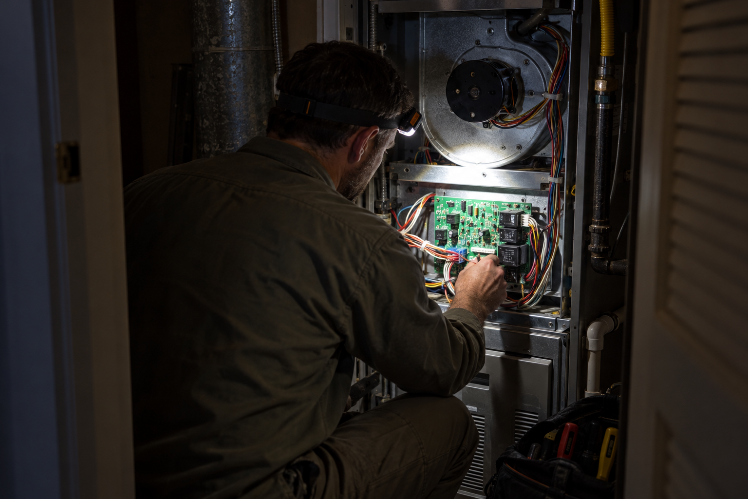 Technician with a headlamp checking a furnace control board at night