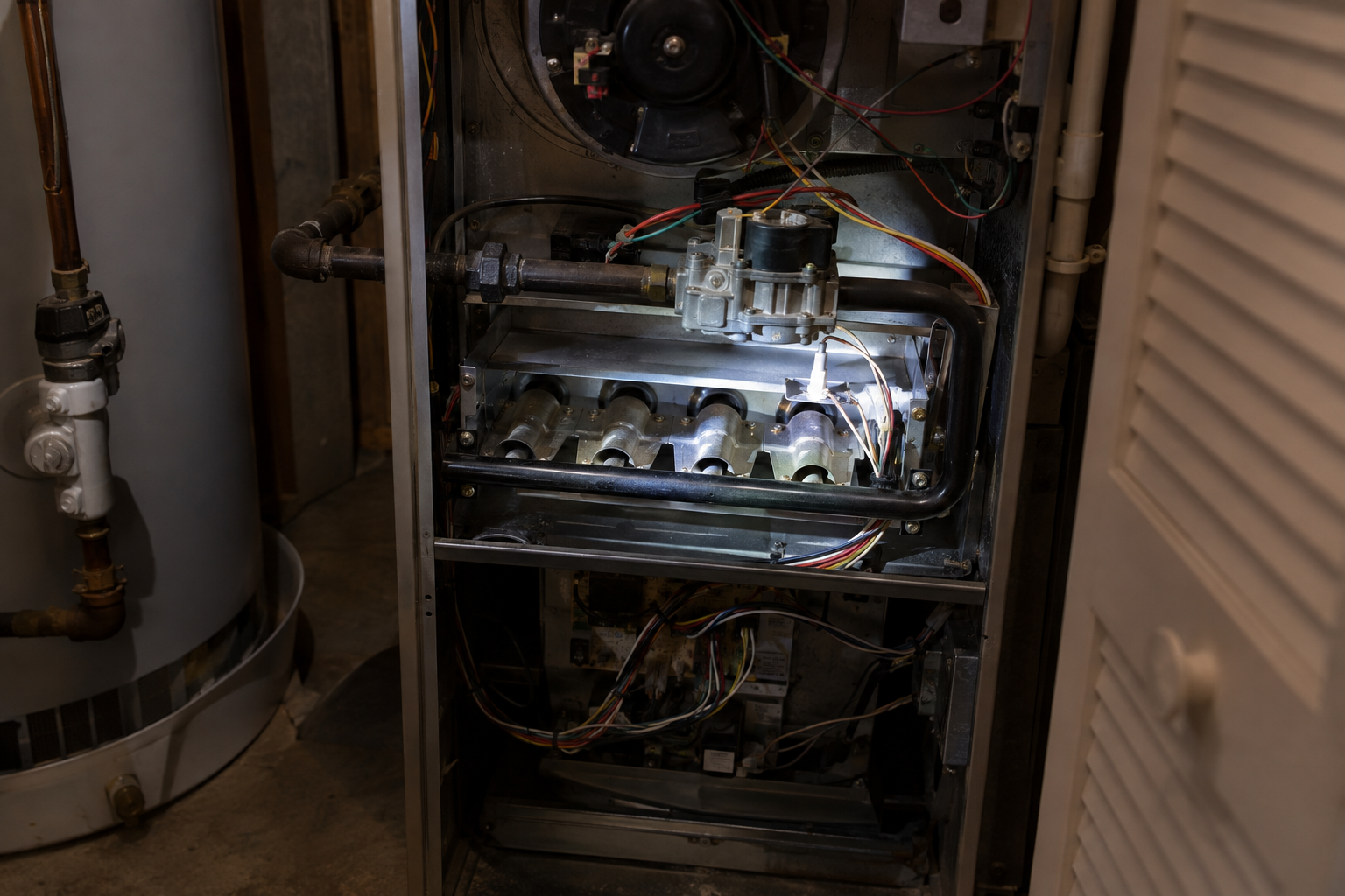 Gas furnace in a utility closet with the burner compartment open under a flashlight beam