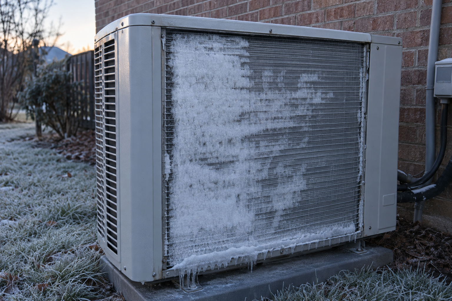 Heat pump outdoor unit with a frosted coil on a cold morning