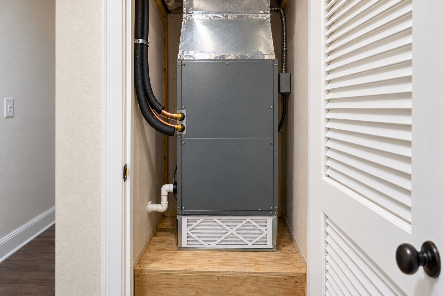 New upright air handler in a utility closet with fresh copper line set and plenum