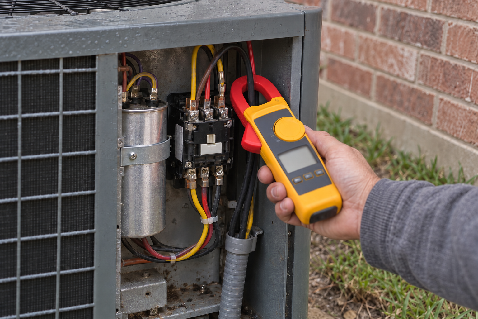 Clamp meter reading the amp draw at a condenser contactor