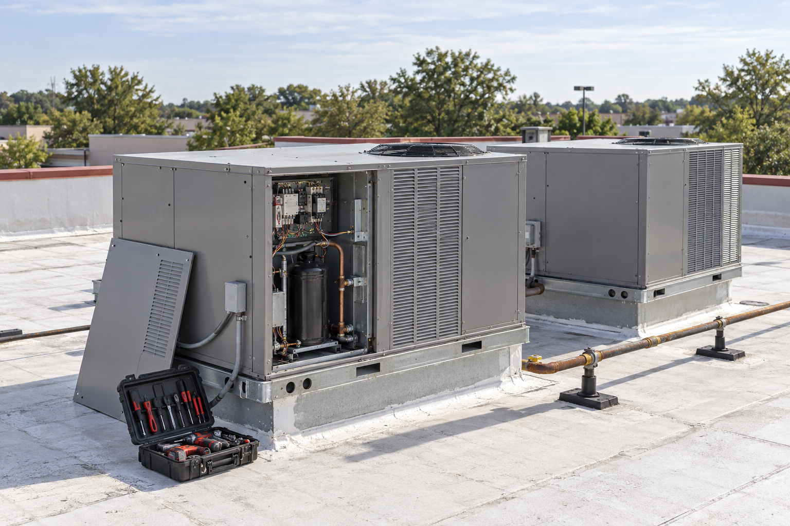 Two packaged rooftop units on a flat commercial roof with a tool case beside them