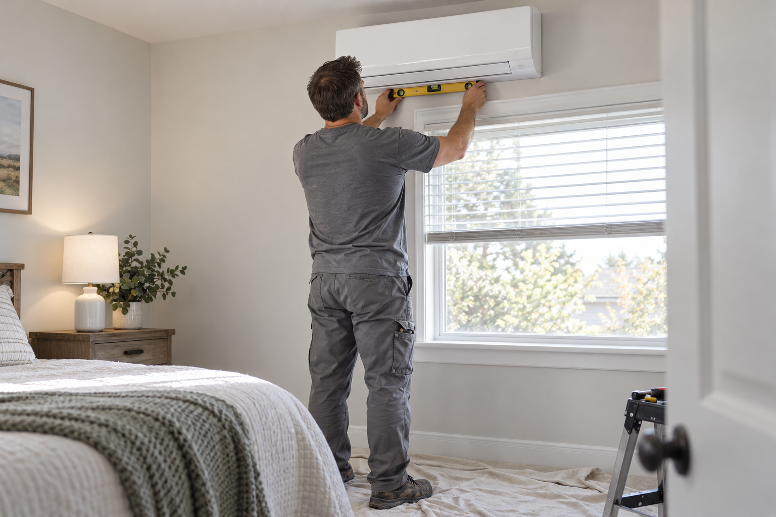 Wall-mounted mini split indoor unit being checked with a level above a bedroom window